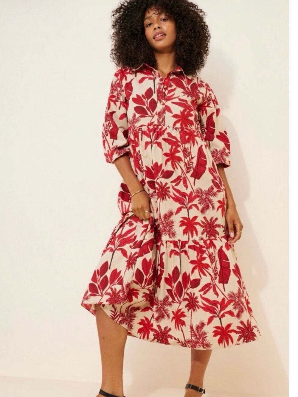 Maeve Anthropologie Bettina Red and Cream Floral Tiered Midi-Maxi Dress